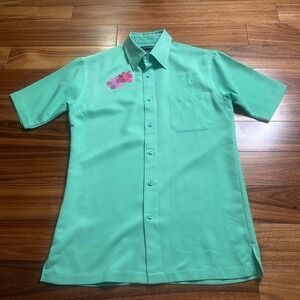 Lands' End tropical Button-Up Shirt Hibiscus Flower Short Sleeve‎ Casual Green M